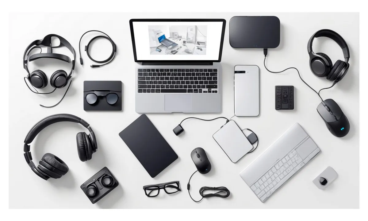 Laptop, audífonos, cámaras y periféricos sobre una mesa