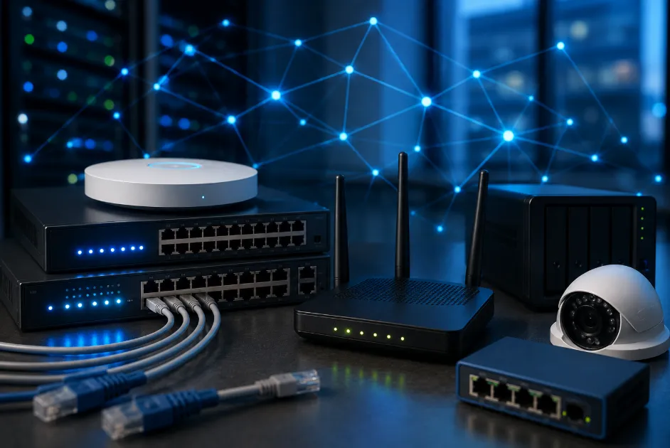 Router, switch y cámara de videovigilancia
